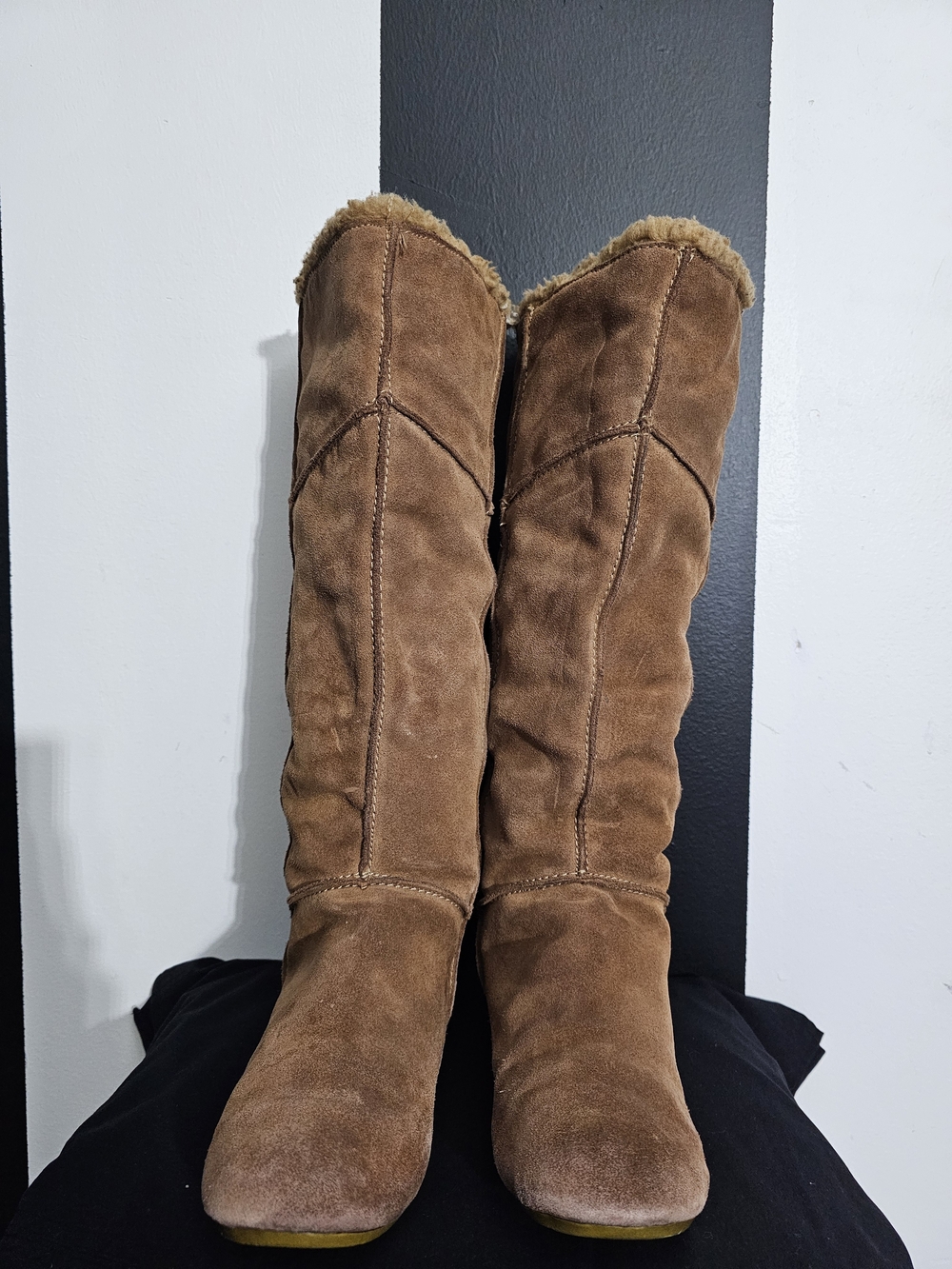 Blowfish Over-the-Knee Suede Boots in Tan with Shearling Trim - Picture 2 of 5